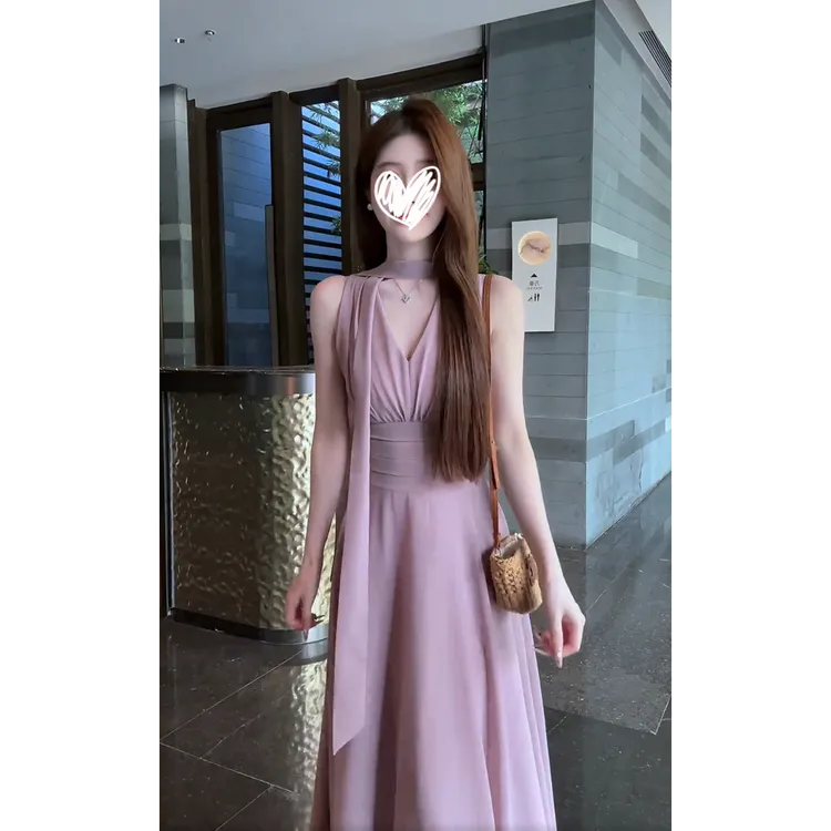 【高知姐姐】夏日漫步  高级感V领无袖挂脖收腰显瘦气质长裙子女装