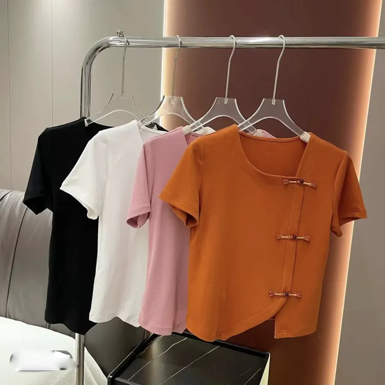 设计感新中式盘扣棉T女 2025夏季不规则下摆时尚洋气短袖T恤 8671