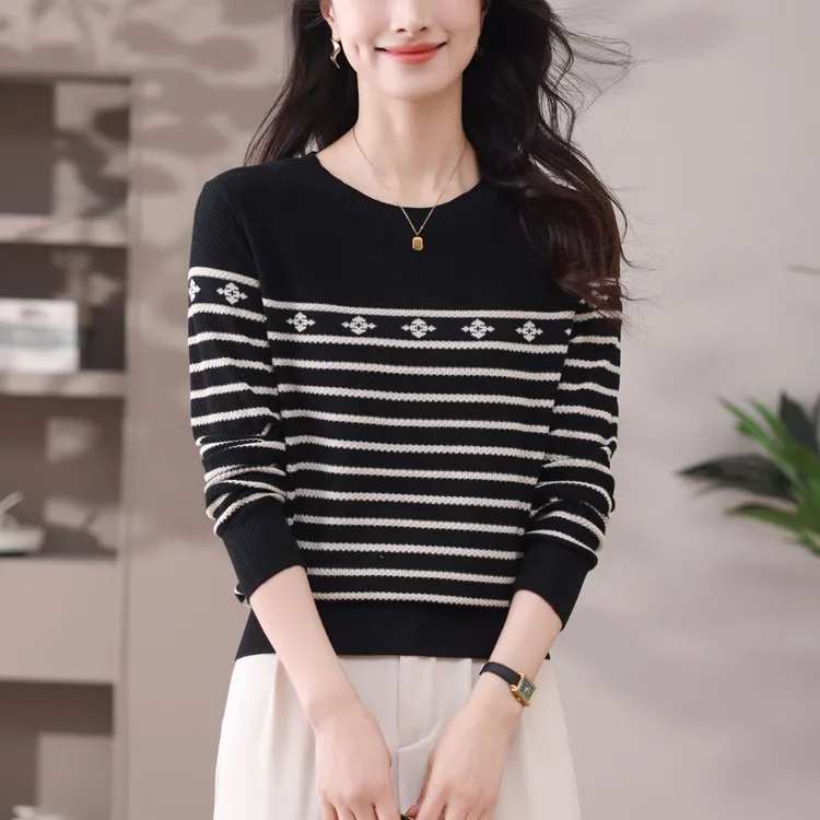 圆领条纹针织衫上衣女士春秋季2025新款长袖薄款宽松打底毛衣洋气