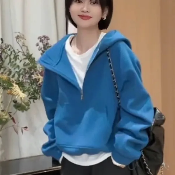 胖mm300斤欧货休闲半拉链外套女秋冬宽松遮肚显瘦慵懒风连帽卫衣