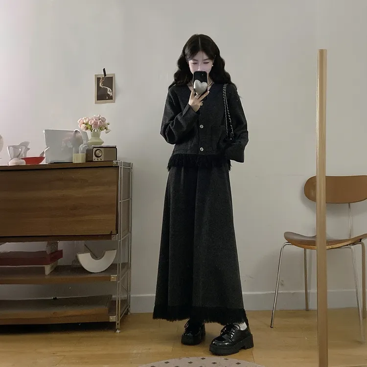 2025秋冬新款胖mm大码女高级感慵懒风流苏拼接外套半身裙套装气质