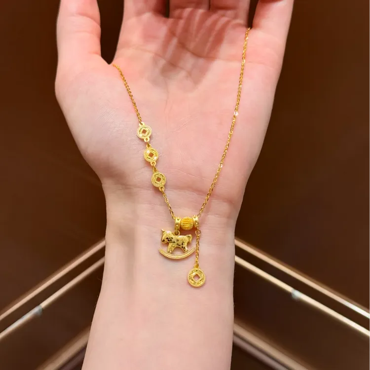 铜合金项链 新中式碎碎冰马上有钱项链复古流苏木马套链百搭坠链