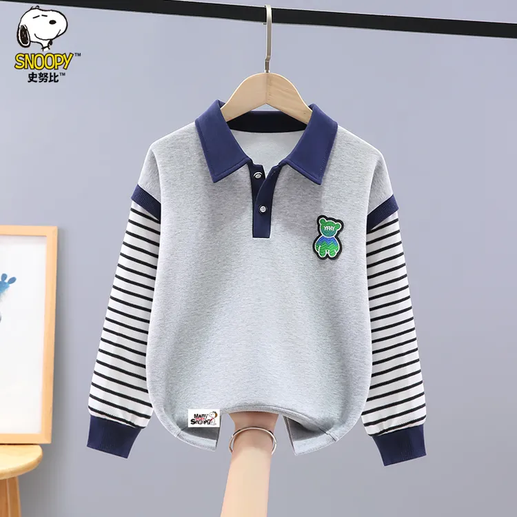 史努比男童卫衣春秋款2025新款洋气中大童男孩假两件POLO领打底衫