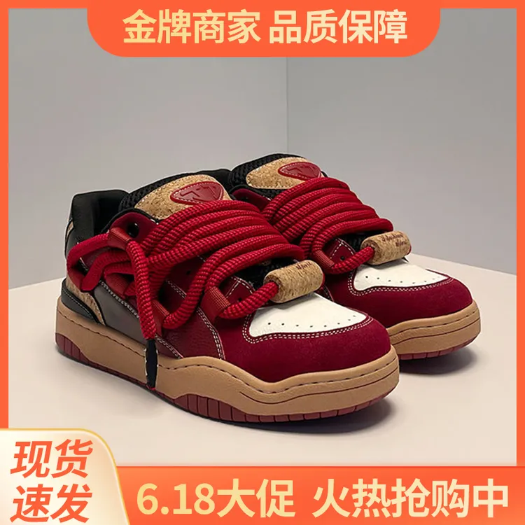 2025新款脏辫软木酒红国潮情侣厚底板鞋小众设计面包鞋男休闲鞋