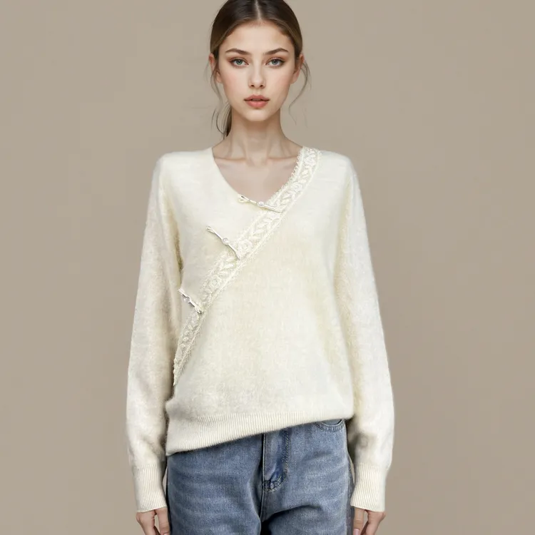 2025秋冬拉绒羊毛羊绒拉毛V领百搭毛衣重工针织上衣套头外套女装