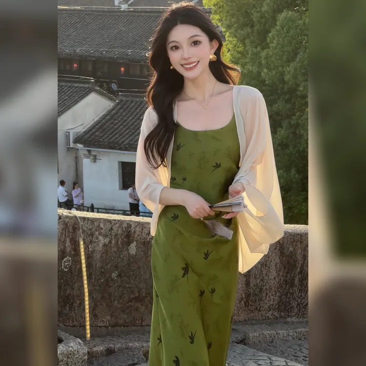 FELTICS&LIIXU夏款吊带连衣裙绿色系百搭夏季长款裙子FQ52LQ441