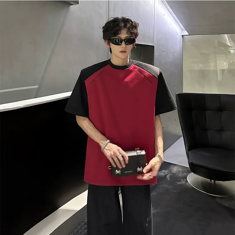 垫肩撞色插肩短袖T恤男款夏季高级感廓形半袖美式重磅五分袖体恤