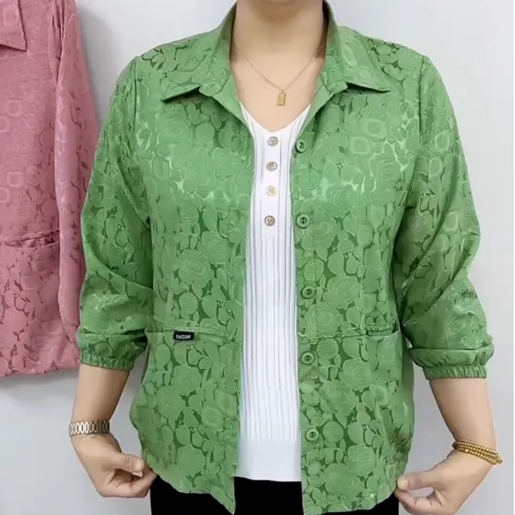 夏季薄款纯色提花衬衫领开衫上衣时尚休闲百搭大码中老年妈妈装