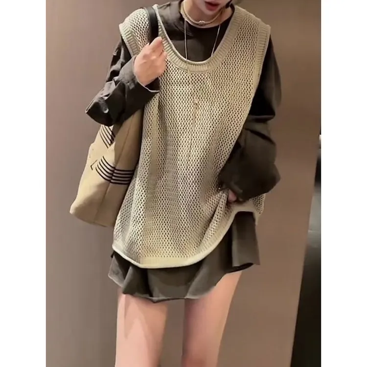 简约杏色背心褐灰色上衣两件套女2025秋季新款宽松叠穿层次感上衣