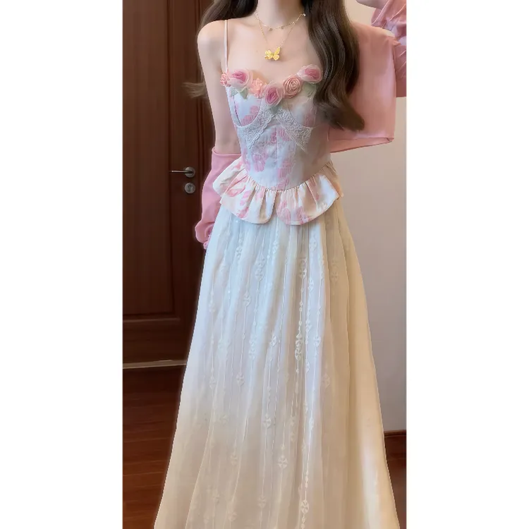 法式温柔绝美立体花朵装饰吊带连衣裙甜美气质度假风长裙9522