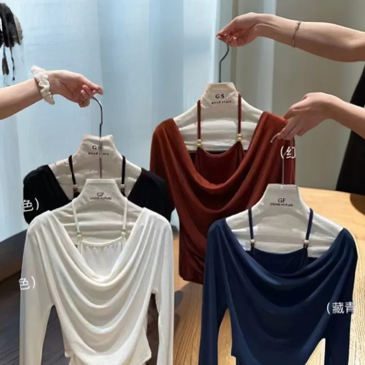 长袖内搭荡领收腰T恤设计感吊带假两件上衣时尚气质网红设计师