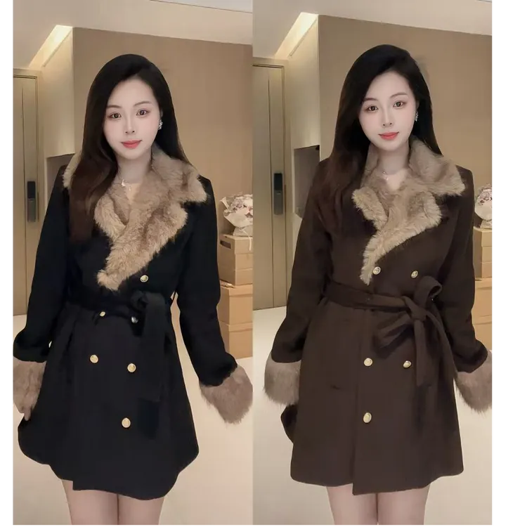 复古千金氛围感系带毛毛翻领双排扣毛呢外套女装2026新款爆款