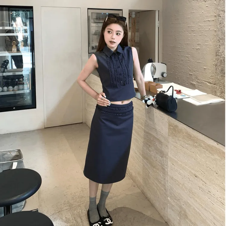 小个子花边压褶无袖衬衫背心女夏季高级感上衣包臀半身裙子两件套