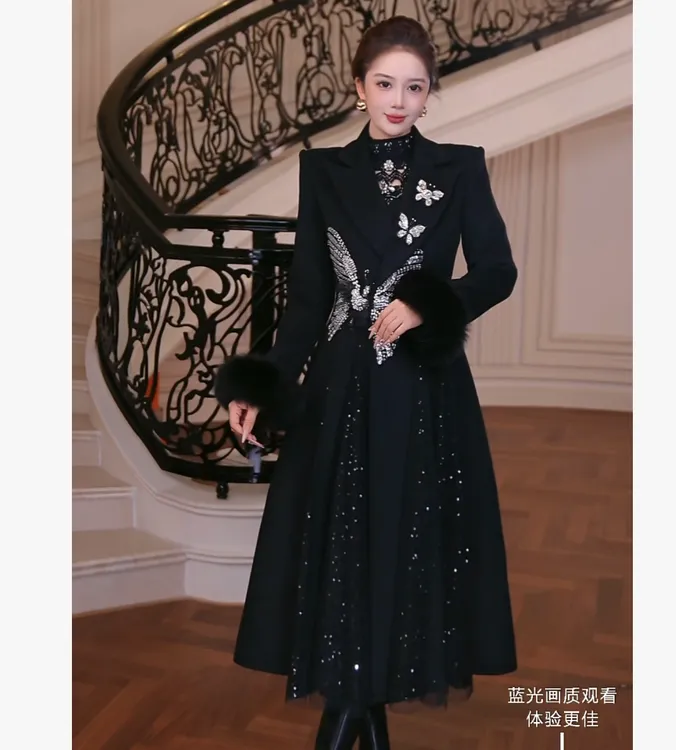 【芙娜妮】秋冬2025中长款小个子西装领蝴蝶长袖外套女装FG2531184A