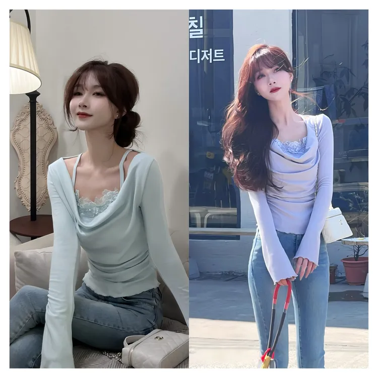 《茶艺少女》拼接假两件花朵吊带绝美上衣#8517