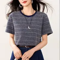 【媛宝】间色蓝色短袖半袖显瘦条纹女T恤春夏圆领-JX-2003