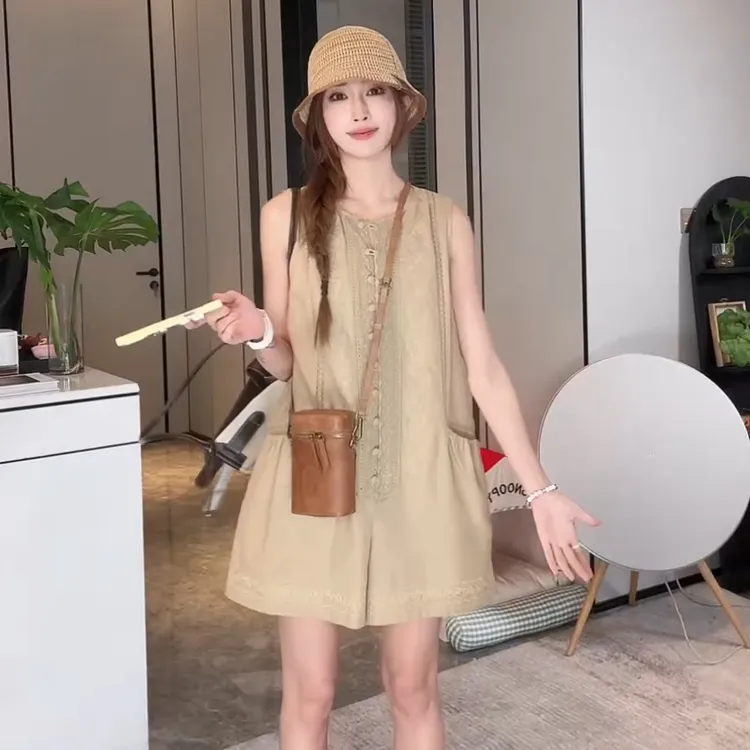 PCNY「千秋盛」不理理夏季新款小众女装中式风格复古绣花无袖连体裤