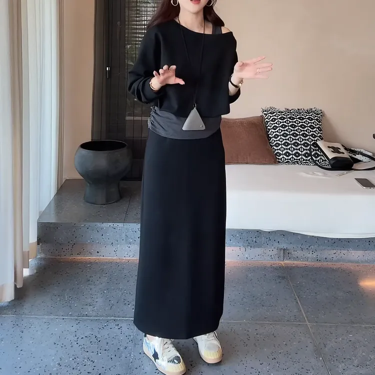 【慵懒公式】秋季新款欧货假两件露肩卫衣+半裙两件套套装LK2505810