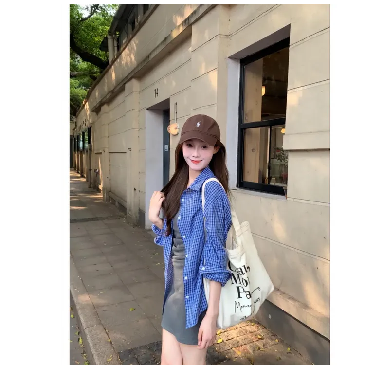 2025早春新款复古蓝格子衬衫女慵懒宽松百搭长袖衬衣外套中长款