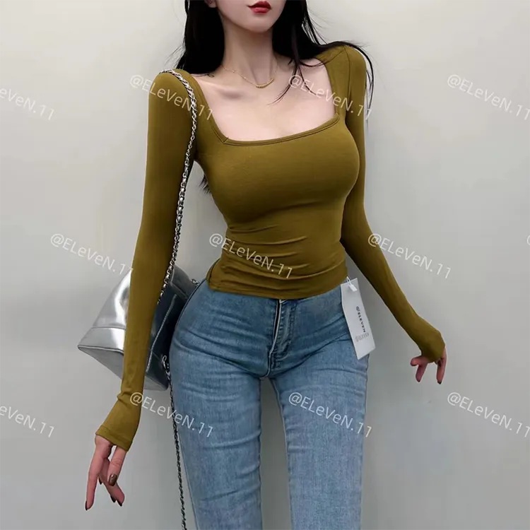 辣妹性感漫画胸方领长袖T恤上衣女纯欲修身显瘦百搭打底衫带胸垫