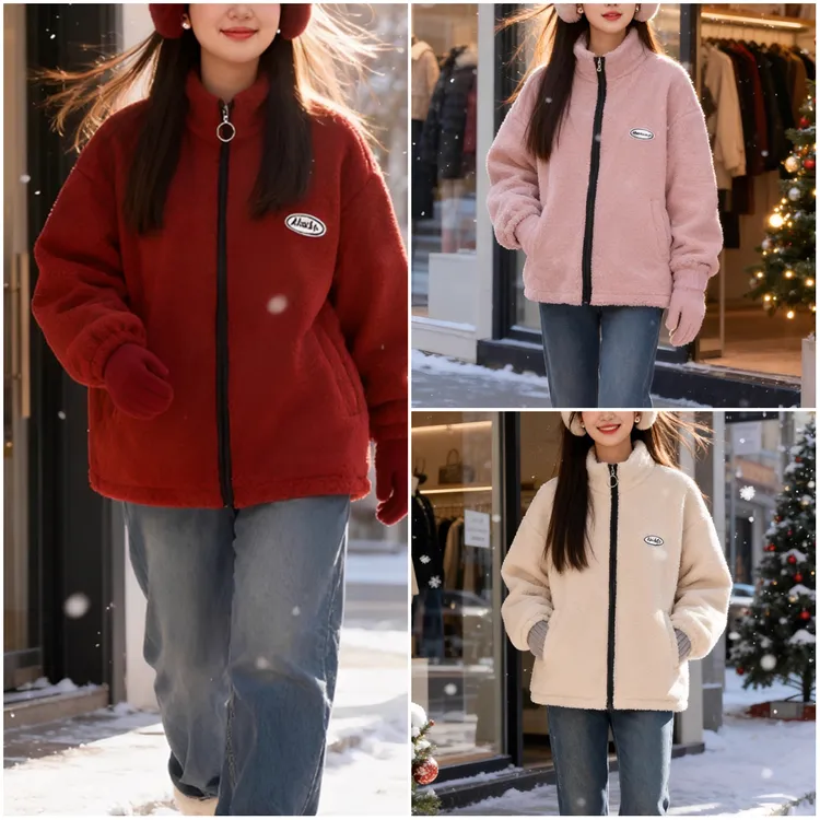 冬季加绒加厚颗粒绒立领外套女胖mm时尚休闲百搭宽松保暖上衣