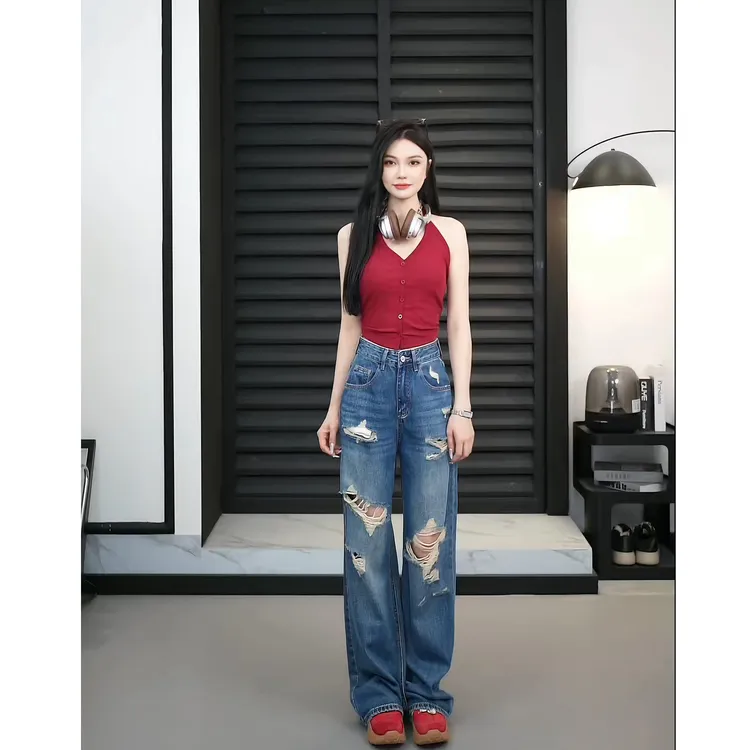 【TO&HR.GIRL】XB1000-秋款美式街头炸街破洞牛仔裤宽松直筒阔腿裤