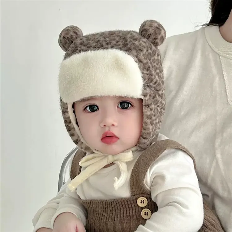 宝宝帽子秋冬季保暖加绒护耳毛绒豹纹婴儿包脸加厚幼儿童毛绒帽子