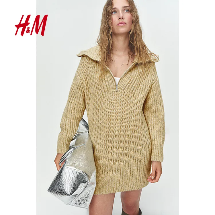 H&M女士连衣裙秋新款上部配拉链罗纹针织连衣裙1232575