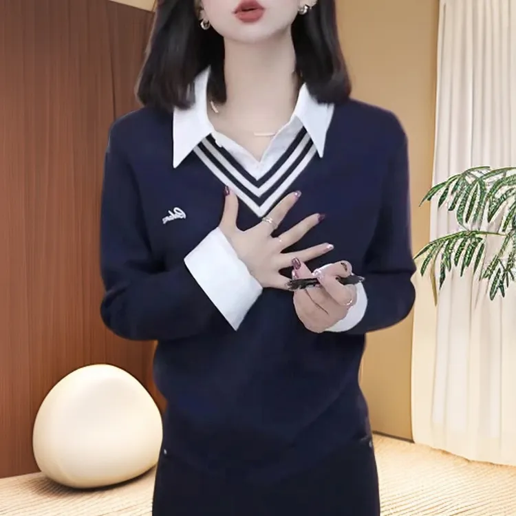 学院风拼接翻领长袖针织衫女款新款秋冬时尚网红洋气假两件上衣