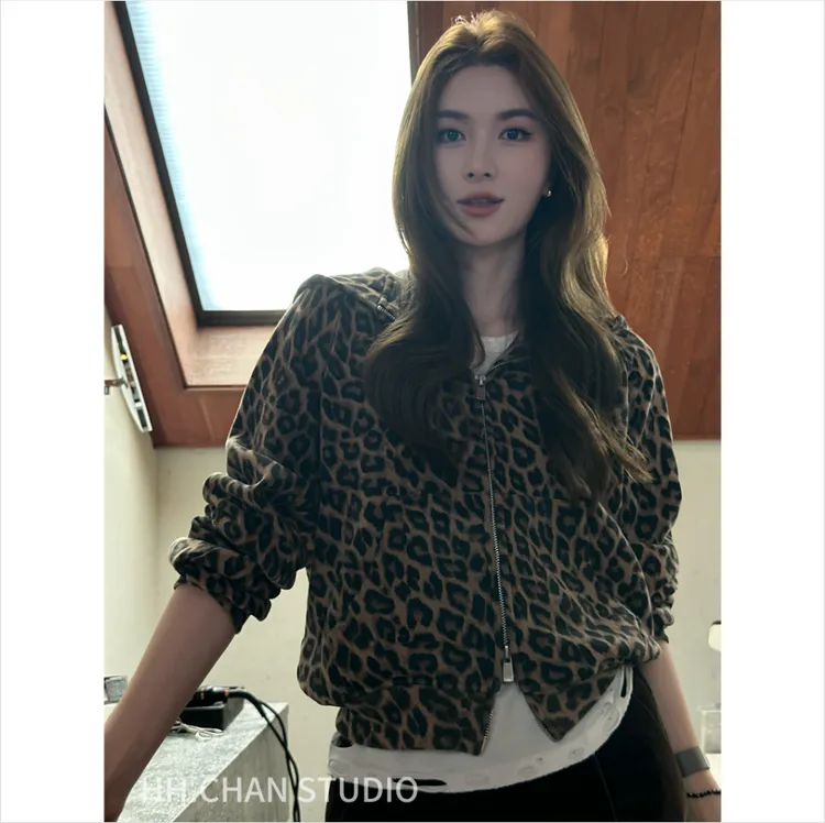 HH.CHAN“小豹豹”100%棉定制豹纹连帽拉链显瘦卫衣外套HH5338559