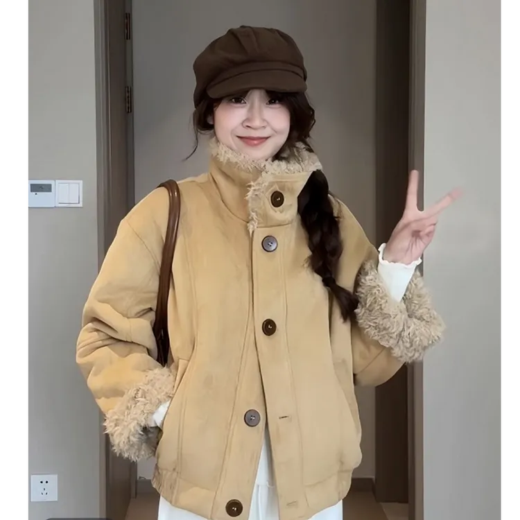 秋冬慵懒风宽松短外套高级感复古保暖环保毛毛卡其色氛围感夹克
