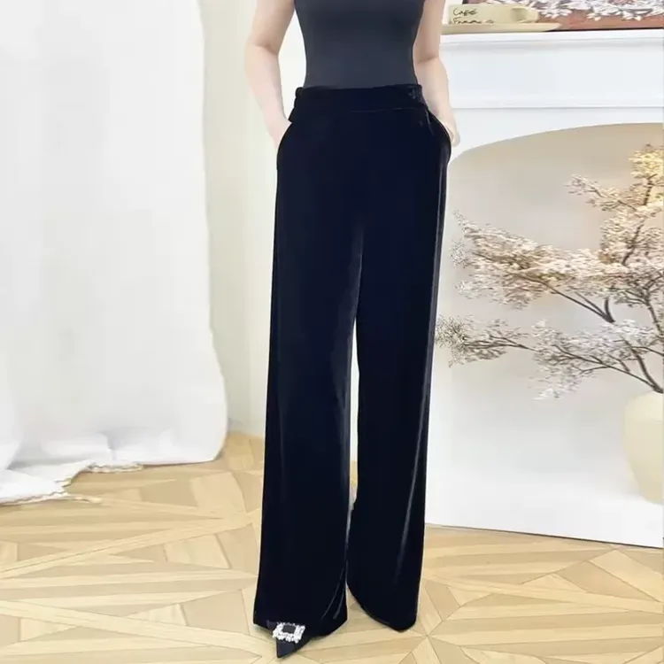 1904新款中老年妈妈百搭休闲黑色丝绒裤子时尚松紧腰大码阔腿裤女