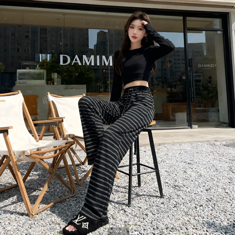 加绒加厚窄版条纹阔腿裤女胖mm加大码松紧腰宽松显瘦休闲直筒女裤