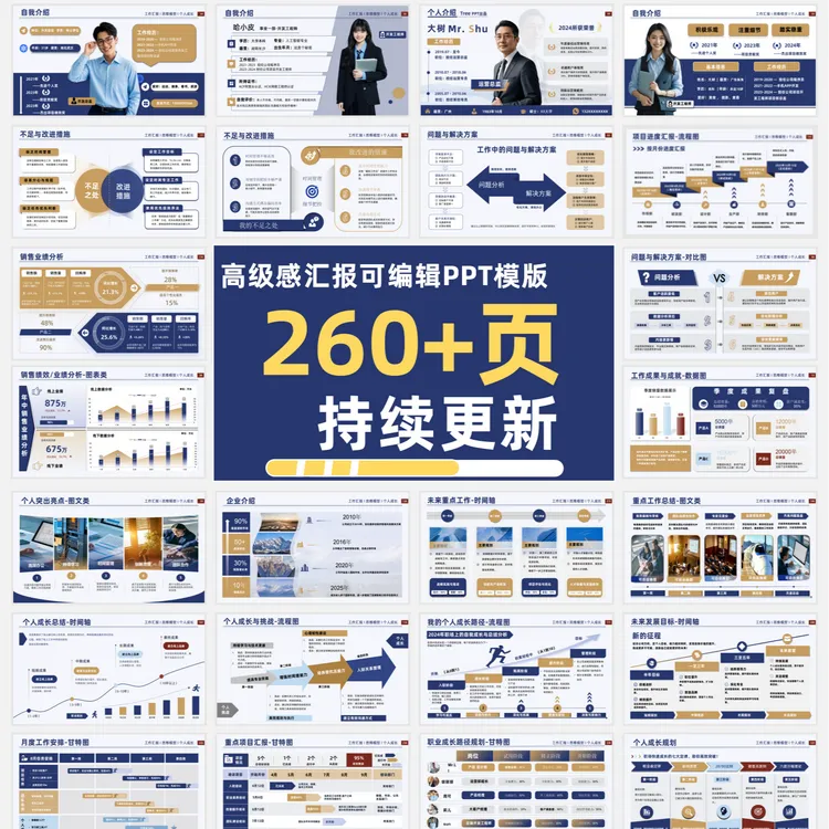 260页高端工作汇报，述职PPT模版数据图/思维模型/逻辑图/甘特图