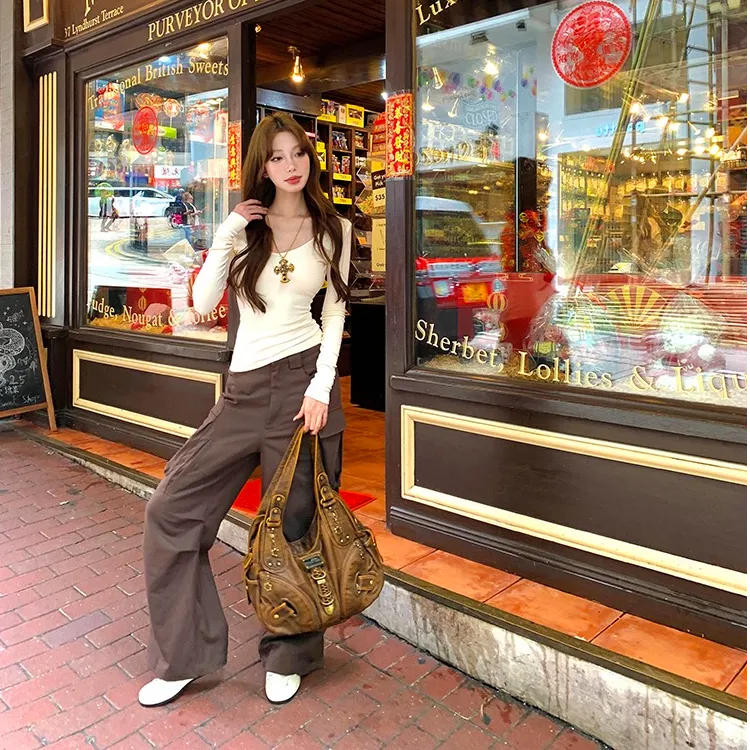 美式复古设计感露背长袖T恤女春夏季性感辣妹小众修身显瘦上衣潮