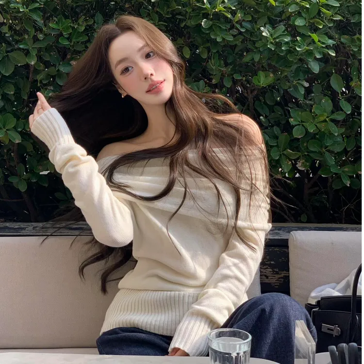 简约气质显瘦斜肩外穿长袖修身上衣洋气休闲百搭牛仔宽松长裤套装