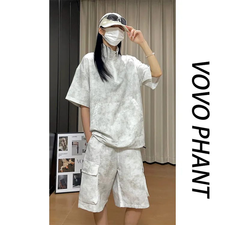 VOVO半拉链短袖工装套装男夏季美式复古扎染潮流短袖短裤两件套