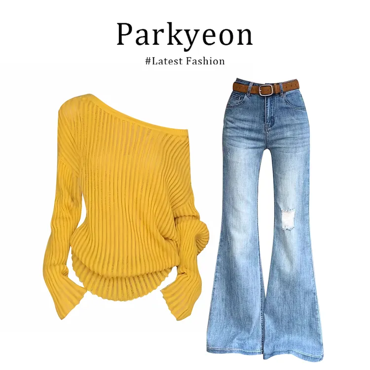氛围感多巴胺黄色斜肩针织衫女秋季宽松慵懒牛仔裤套装