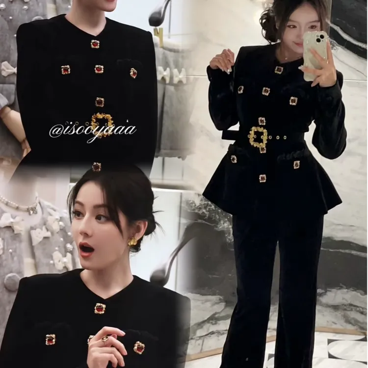 【迪丽热巴拉家同款】宫廷风宝石扣老钱风黑色丝绒收腰显瘦套装秋冬
