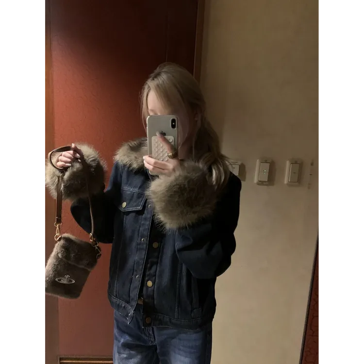 《巴恩冬令》毛毛领牛仔外套女秋冬2025年新款加厚短款上衣#W8876