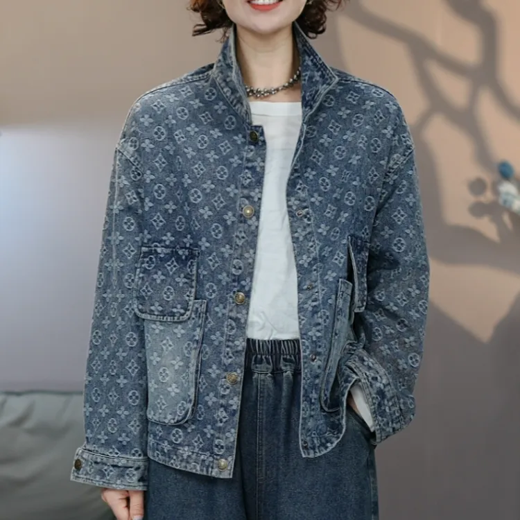 8933蓝#2025秋季提花新款设计感水洗重工时尚牛仔外套上衣