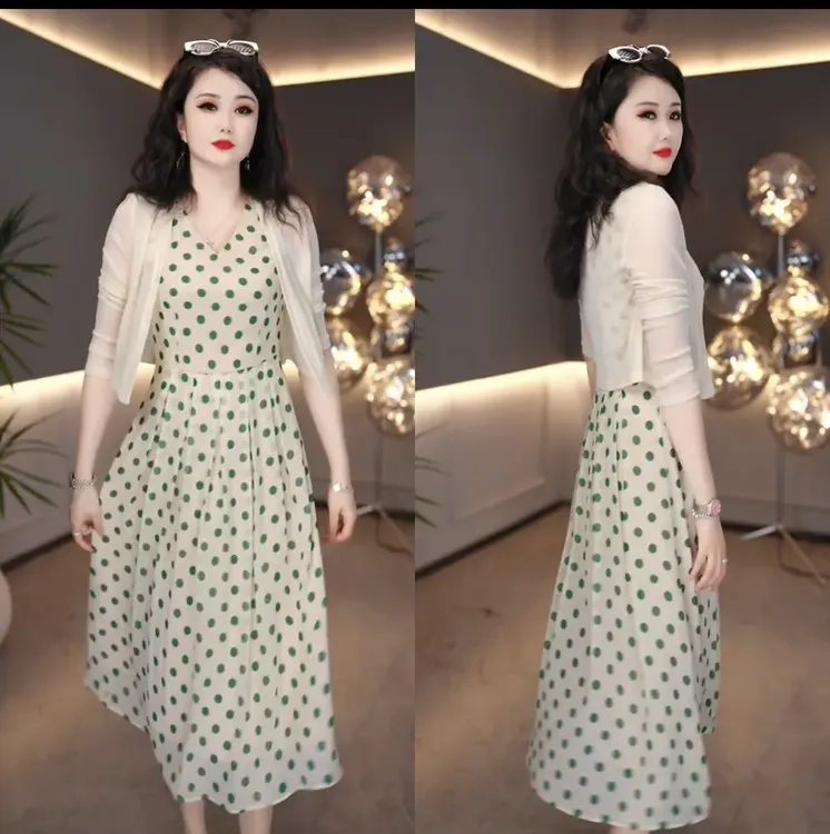 2025年夏新款波点减龄时尚百搭高级小清新洋气两件套外披+连衣裙