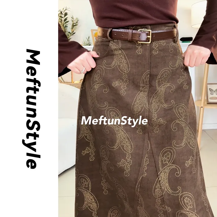 Maftun复古腰果花烫金长款高腰提花半身裙裙子秋冬遮胯百搭中长裙