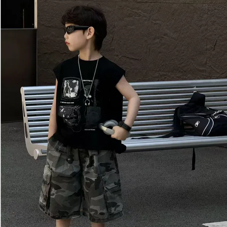 痞帅儿童夏季休闲坎肩上衣男童夏季背心T恤中大童宝宝字母洋气