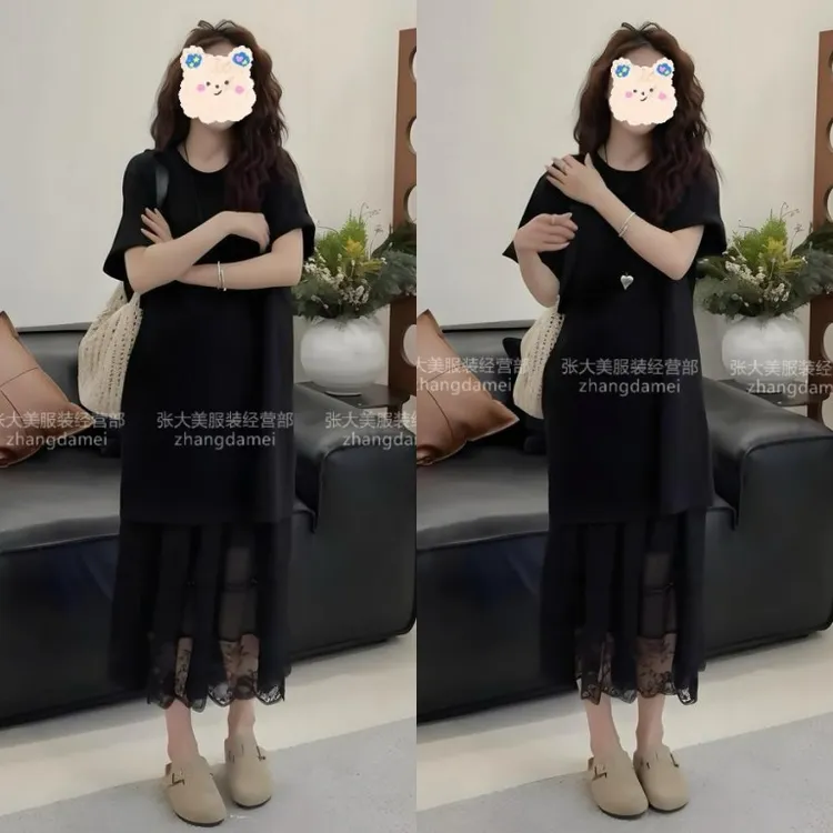 一整套穿搭圆领纯色慵懒感短袖宽松T恤+蕾丝拼接半裙真两件套装女