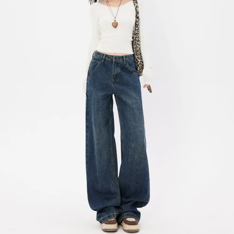 REDR复古高腰窄版直筒牛仔裤女2025新款水洗竹节纹宽松丹宁长裤子