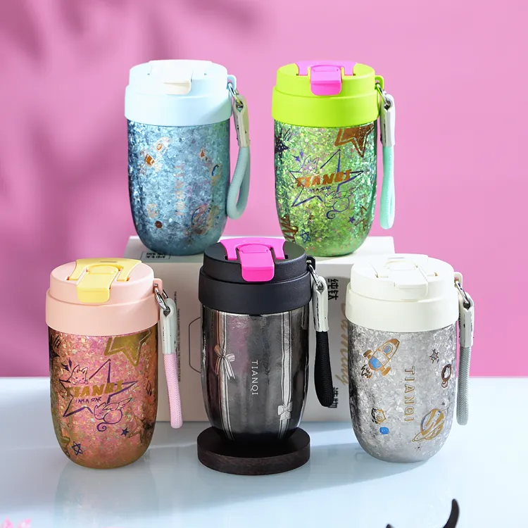 TIANQI/天沏纯钛保温咖啡杯夏季冷饮杯女士保鲜果汁杯带提绳吸管