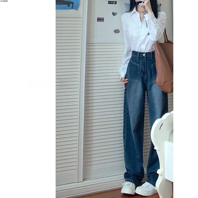 复古蓝高腰直筒牛仔裤女秋季新款大码胖mm梨形身材宽松显瘦阔腿裤