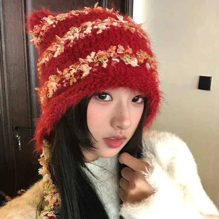 日系可爱猫耳朵彩色条纹辫子针织帽子女秋冬保暖百搭亚比风毛线帽