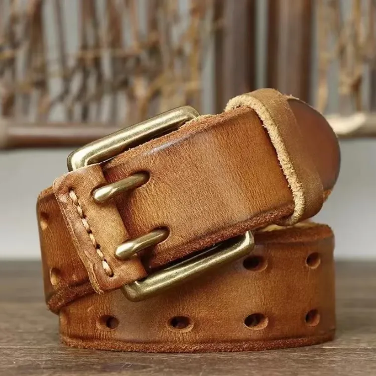 纯牛皮皮带男士真皮复古休闲牛皮腰带 头层牛皮针扣裤带手工